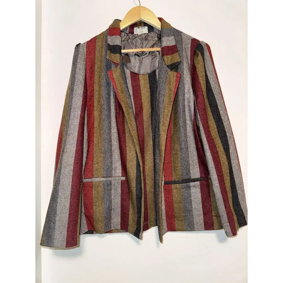 Vintage JBJ Womens Wool Open Front Jacket Blazer Striped Artsy Pockets Size 18 - Picture 1 of 8